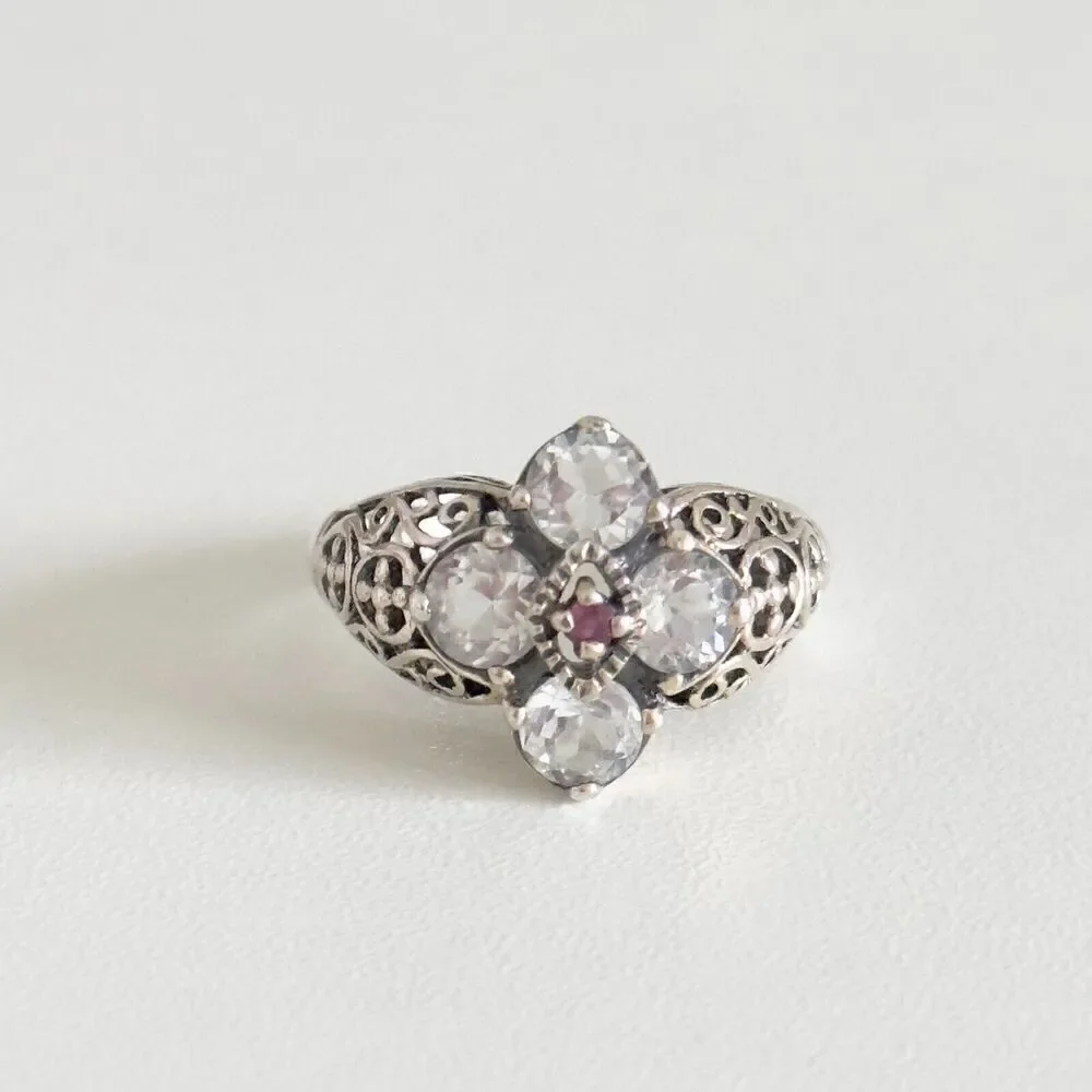 CNA Designer 925 Sterling Silver White Topaz & Ruby Filigree Flower Ring Size 8